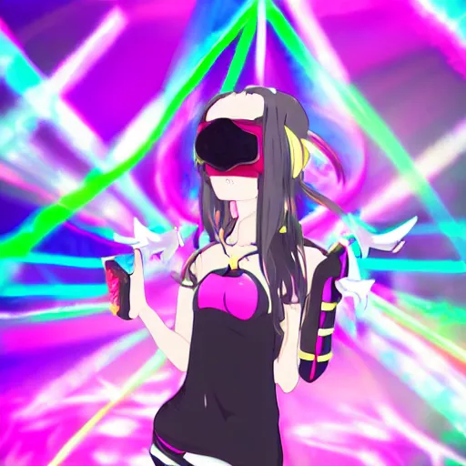 Prompt: anime styled vr character in a rave party, bloom, dark lighting