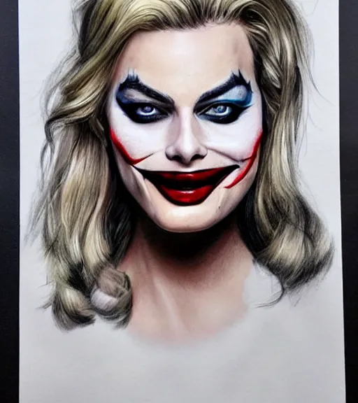 Image similar to margot robbie portrait with joker makeup, pencil drawing, realistic face, beautiful eyes, smiling, hyper realistic, highly detailed