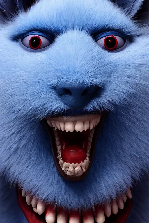 Prompt: a blue furry creature with [ bulging eyes ]!!!, [ [ immensely red large lips ] ]!!!, sharp teeth, 4 k photorealistic [ quality ], trending on cgsociety, horror art, eerie art style