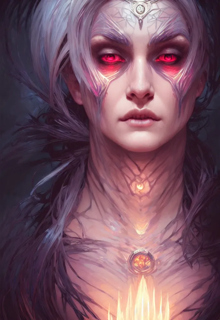 Image similar to Necromancer Sorceress face in center, fantasy magic, undercut hairstyle, dark light night, intricate, elegant, sharp focus, illustration, highly detailed, digital painting, concept art, matte, art by WLOP and Artgerm and Greg Rutkowski and Alphonse Mucha, masterpiece