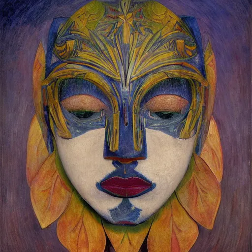 Image similar to masterpiece painting of a facemask made of stylized flowers, by annie swynnerton and jean delville and john watkiss and rufino tamayo and diego rivera, flower mask, art deco shaman, symbolist, dramatic lighting, god rays, elaborate geometric ornament, modern realism, clean crisp graphics, soft cool colors, smooth, sharp focus, extremely detailed