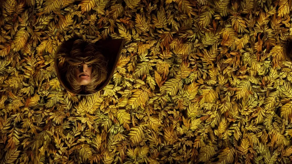 Image similar to the strange creature on the ceiling, made of and leaves and wax, film still from the movie directed by Denis Villeneuve with art direction by Salvador Dalí, wide lens