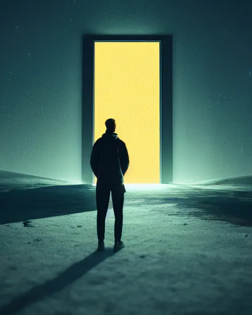 Image similar to a person standing in front of a glowy open door that's on a barren moon, poster art by mike winkelmann, trending on cg society, space art, sci - fi, ue 5, futuristic, volumetric lighting, light casting onto the ground, neat composition and camera angle