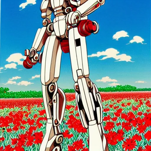 Image similar to a beautiful painting of a muscular humanoid mecha enemy stand in a field of flowers by hiroshi nagai and hirohiko araki, detailed line art