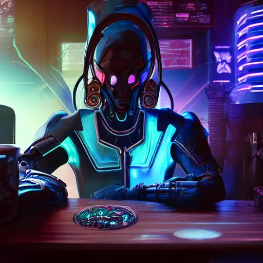 Image similar to a high quality portrait of a Protoss Zealot in a cyberpunk cyberpunk cyberpunk cafe, realism, 8k, award winning photo