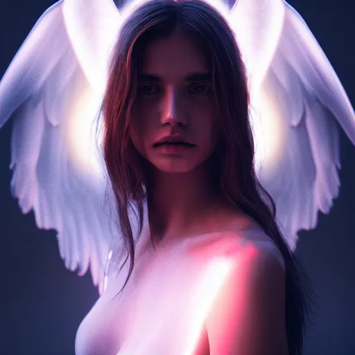 Image similar to portrait art of female angel by alessio albi 8 k ultra realistic, angel wings, lens flare, atmosphere, glow, detailed, intricate, full of colour, cinematic lighting, trending on artstation, 4 k, hyperrealistic, focused, extreme details, unreal engine 5, cinematic, masterpiece