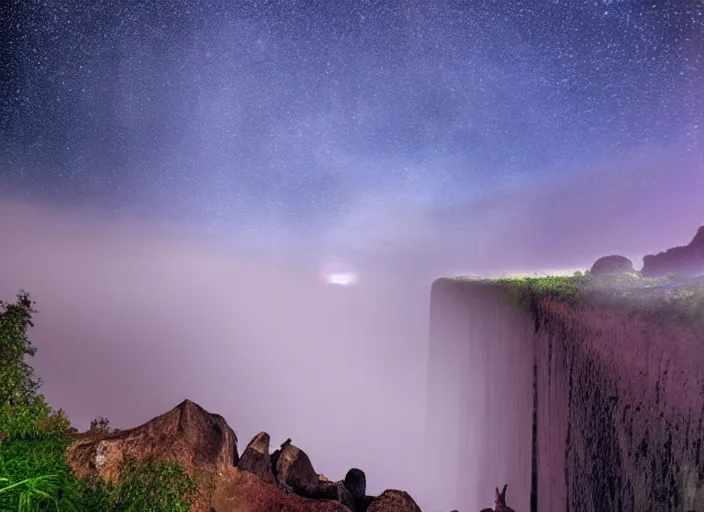 Image similar to a long capture photo of a magical waterfall, high cliff, night, stars in the sky