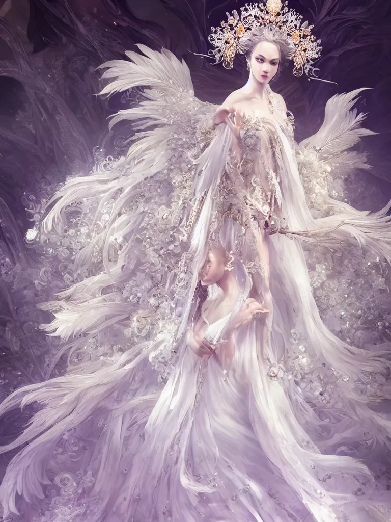 Prompt: ((A beautiful fantasy empress)), highly detailed full body, beautiful eyes, detailed intricate white flower tiara, feathers, ((wearing silk gown + aristocrat robe)), highly detailed figure, fractal crystal, epic composition, ultra wide-shot, dynamic pose, concept art, beautifully lit, digital painting, smooth, desaturated color theme, character design, sharp focus, elegant, intricate, post processing, artstation, by WLOP, James Jean, Victo Ngai, ryohei hase