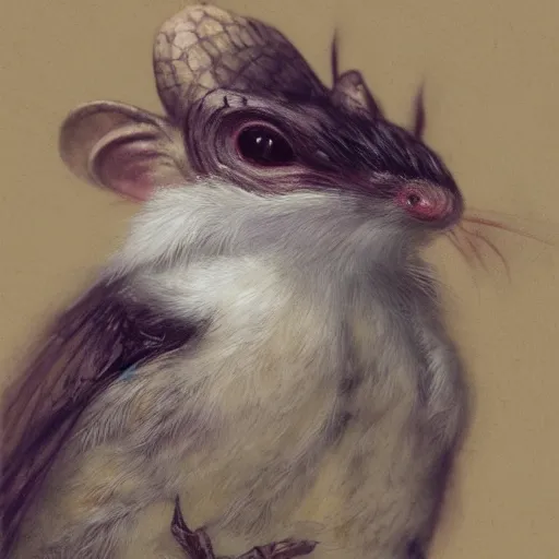 Prompt: portrait character design, a cute feathered mouse ashigaru plumed by brian froud, portrait studio lighting by jessica rossier and brian froud and gaston bussiere