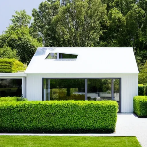 Prompt: Modern gable roofed Farmhouses compound, garden, white block fence, nesting glass doors, greenery growing, white plank siding, galvalume metal roofing, simple gable roofs, lush landscaping, sunny, napa,