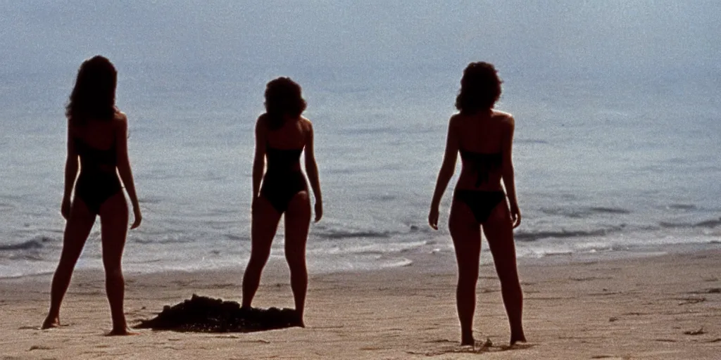 Image similar to color film still, view from behind, a woman in black bikini standing on the beach ; alien 2 ( 1 9 8 6 )