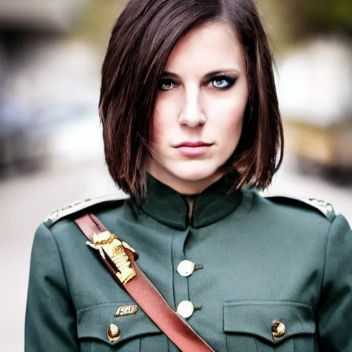 Image similar to brunette woman, short flip out hair, emerald eyes, black military uniform