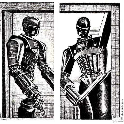 Image similar to printmaking of robocop on party by escher