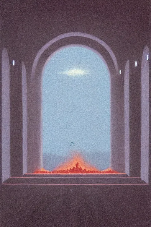 Prompt: Artwork by Quint Buchholz of the cinematic view of the Hall of Iron Agony, Infernal, Writings.