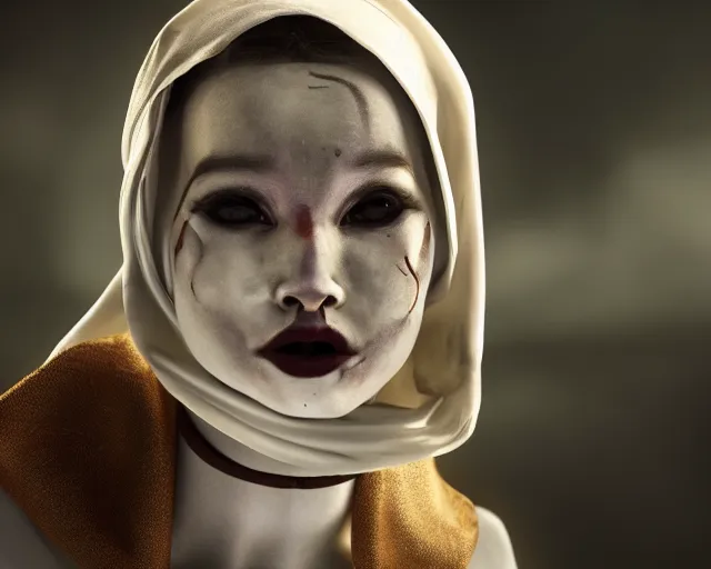 Prompt: a film still of a synthetic female human wrapped in white cloth, mouth agape, tribal facepaint, in neotokyo, cinematic lighting, high resolution, 4 k