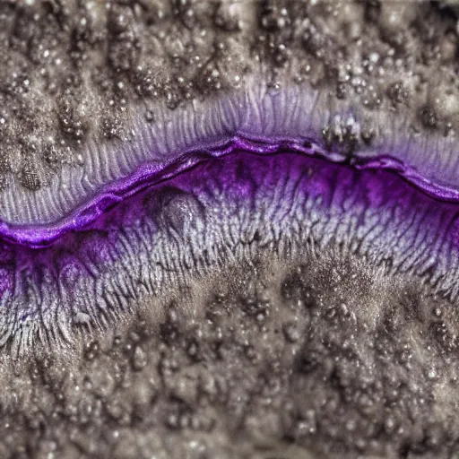 Image similar to a mushroom's gills from the bottom that is purple and grey with intricate microscopic view of patterns ; maximum realism ; maximum detailed close - up ; dramatic lighting