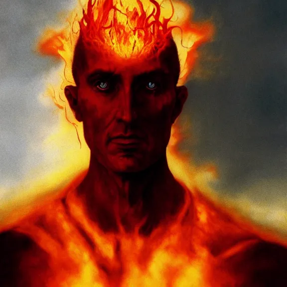 Prompt: An abstract matte painting of a man on fire portrait. zdzislaw beksinski, ArtStation, CGSociety, Unreal Engine