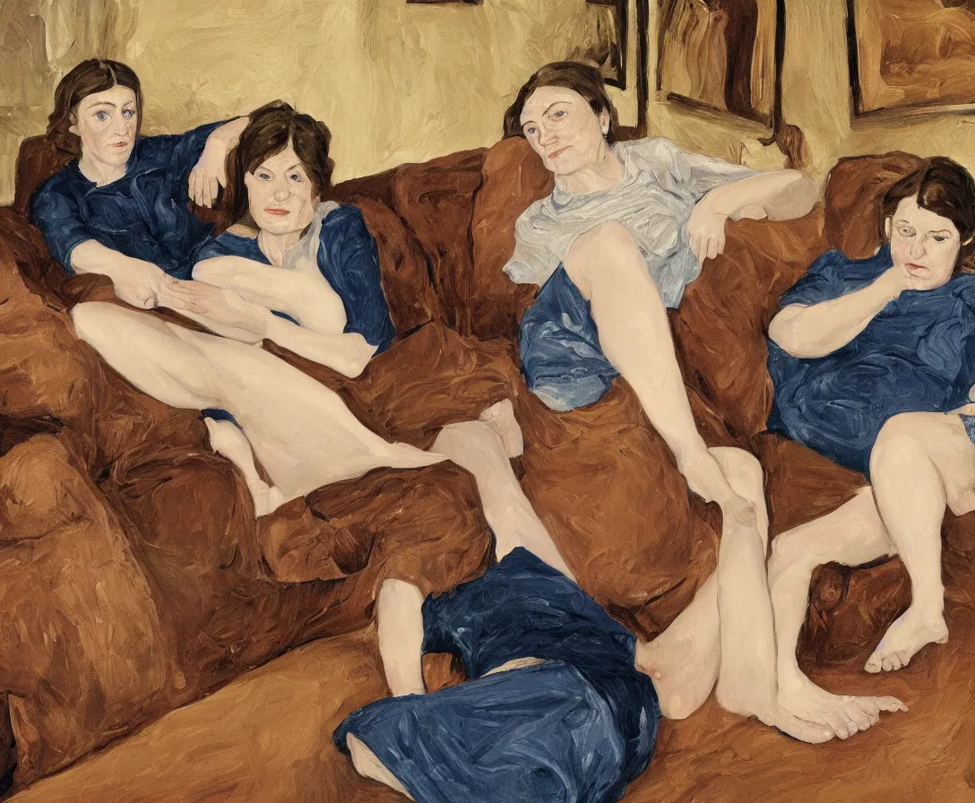 Image similar to two women, in an old english apartment on a brown leather sofa. one is wearing a dark blue sweather, the other a white shirt. brown hair, they are looking into the camera. wide shot. in the style of lucien freud. oil painting.