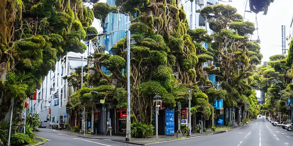 Prompt: a city street in wellington, new zealand but the buildings are interspersed with enormous ancient rimu trees full of epiphytes with birds perching amongst the leaves.