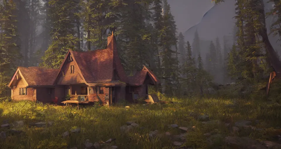 Image similar to a painting of a house in the middle of a forest, a low poly render by senior environment artist, featured on polycount, fantasy art, artstation hq, 2 d game art, rendered in unreal engine