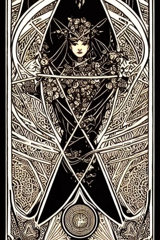 Image similar to concept art design illustration, vertical symmetric tarot card intricate filigree borders!!, 1 6 colors, logo, ink drawing, art by jc leyendecker and sachin teng