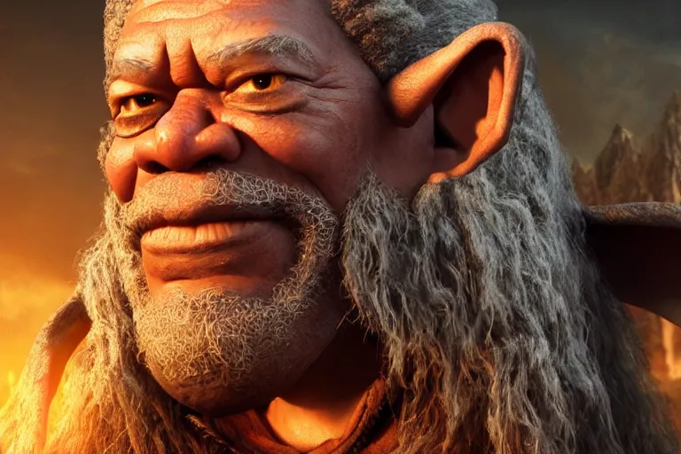 Image similar to morgan freeman starring as gimli in lord of the rings, full body, still from a pixar movie, high quality 3 d render, movie, pixar, renderman, 4 k, artstation