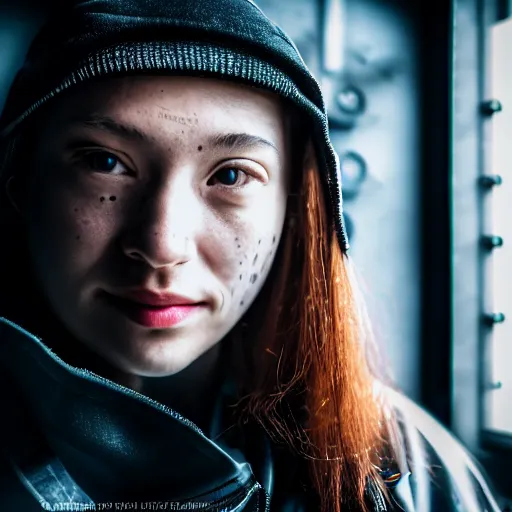 Image similar to photograph of a techwear mixed young woman inside a hidden busy speakeasy, closeup, brutalist design, sigma 85mm f/1.4, 4k, depth of field, high resolution, 4k, 8k, hd, full color