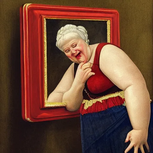 Image similar to a very funny renaissance style oil painting of a sweet fat old woman kissing her reflection. symmetrical face, red mouth, blue eyes. a flowered dress. a hyper - realistic scene. 3 d, octane processing, deep focus, white scene. a very funny and sweet picture. unreal engine. watercolor. fellini cinematic style. poster quality. freud painting style.