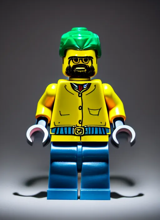 Prompt: macro photo still of lego walter white, 8 k, studio lighting, left side key light, product shot, 1 2 0 mm f 1. 4