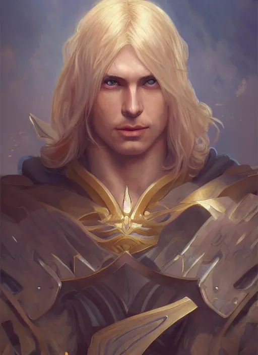 Image similar to portrait of a floating winged aasimar paladin blond young man with amber eyes strong, sofisticated, fantasy, highly detailed, digital painting, artstation, concept art, character art, art by greg rutkowski and tyler jacobson and alphonse mucha