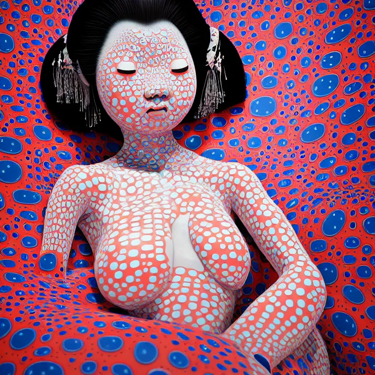 Image similar to hyperrealistic detailed image of a geisha laying in a art installation room, hd smooth interior by yayoi kusama, part by kei mieno, part by ross tran, dark art by james jean, ultra realistic, highly detailed, life like face, detailed body, 8 k, 3 d render by roger magrini, very cohesive, masterpiece