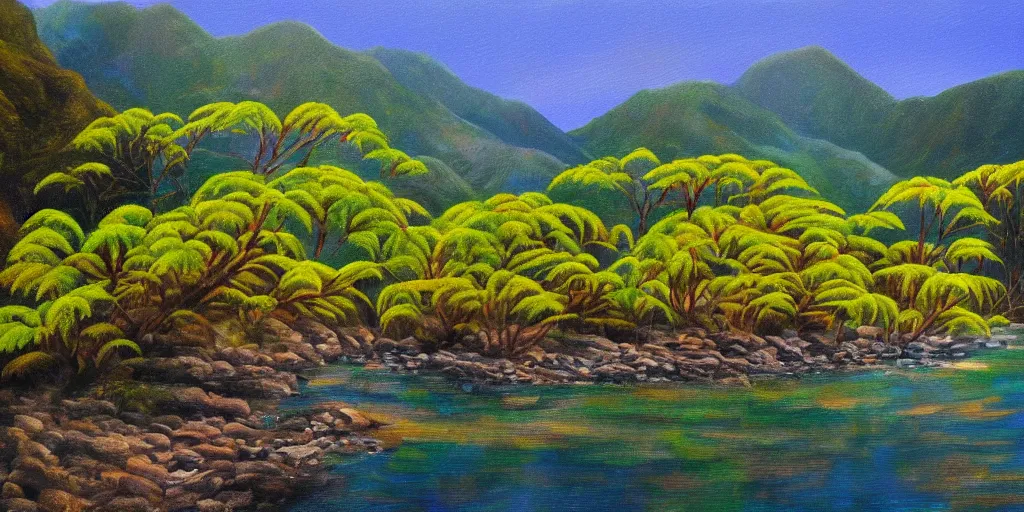 Prompt: golden bay new zealand, abel tasman, native NZ bush ferns, colorful oil painting, trending on artstation