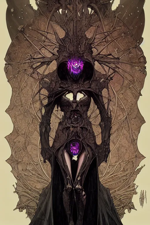 Image similar to artgerm, joshua middleton, mucha, beksinski, moebius, heavy metal comic cover art, psychedelic triangular skeletal calcification fungus lich in darkiron spike armor, full body, hollow eyes, symmetrical face, long black crown, in a dungeon background, moody dark colors