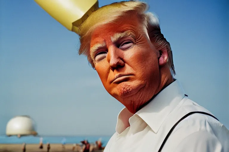 Prompt: closeup portrait of donald trump at a beach resort with a nuclear warhead in the background, natural light, sharp, detailed face, magazine, press, photo, steve mccurry, david lazar, canon, nikon, focus