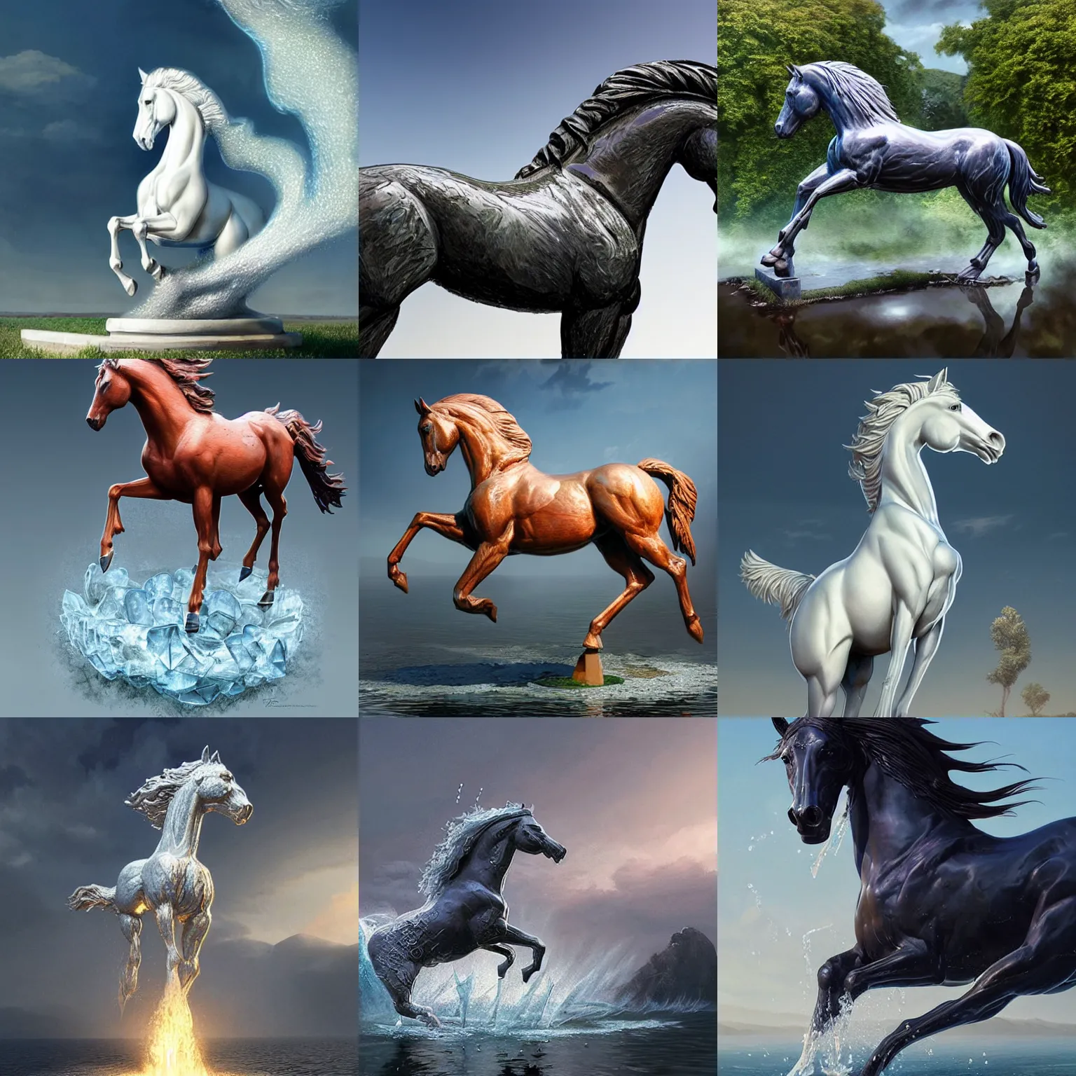 Prompt: a horse sculpture made of water, floating in the air, hyperalism, digital painting, artstation, concept art, smooth, 8 k frostbite 3 engine, ultra detailed, art by artgerm and greg rutkowski and magali villeneuve