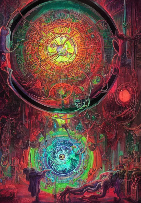 Image similar to colorful medical equipment, cameras, radiating, neon light mandala, portal, minimalist environment, by ryan stegman and hr giger and esao andrews and maria sibylla merian eugene delacroix, gustave dore, thomas moran, the movie the thing, modern art, claes oldenburg, saturated