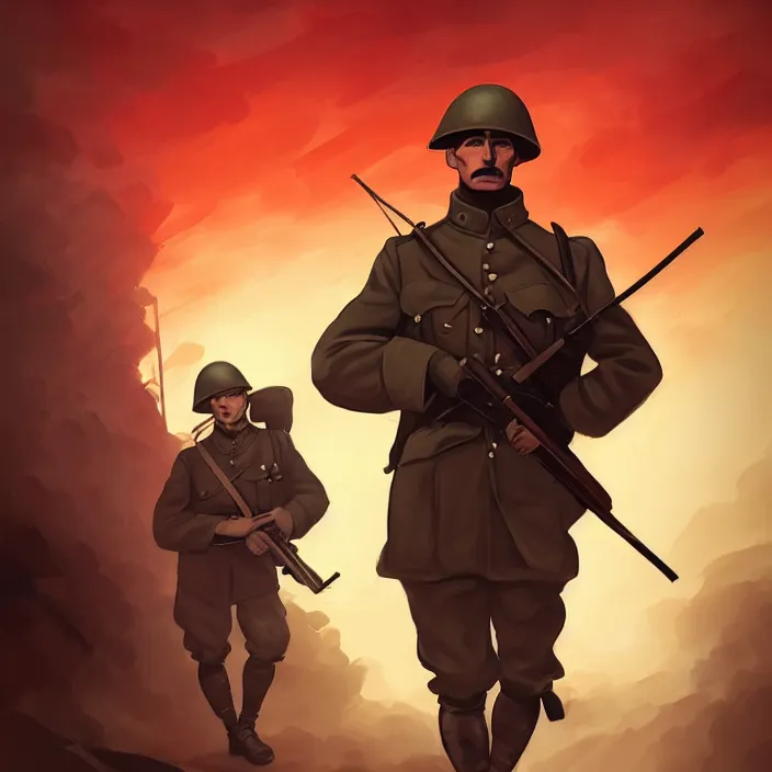 Prompt: portrait of a german ww 1 solider with a rifle running towards us, dark stormy background, dark ominous mood, in the style of artgerm and charlie bowater and atey ghailan and mike mignola, epic lighting, strong red rim light, vibrant colors and hard shadows and strong rim light, comic cover art, plain background, trending on artstation