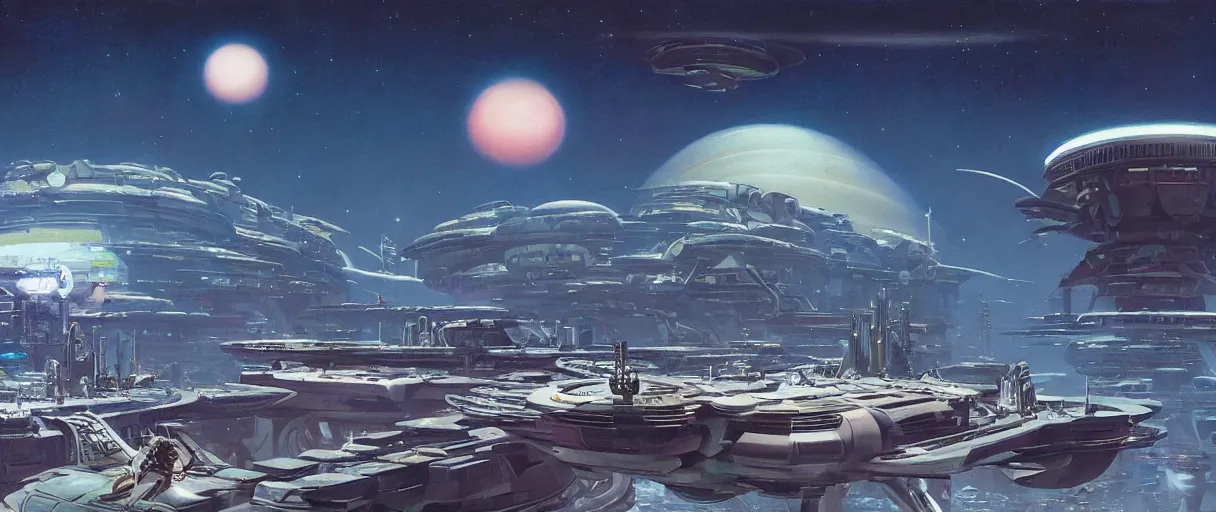 Image similar to a futuristic retro futurism solarpunk space city on a moon orbiting a gas giant by robert mccall and john berkey | ralph mcquarrie :. 5 | unreal engine :. 3