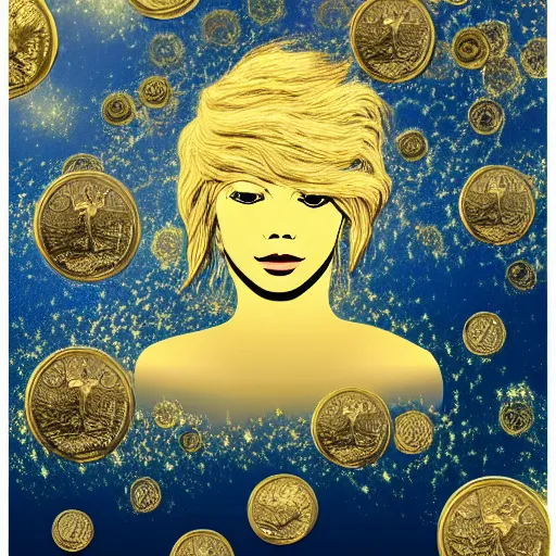 Image similar to fractal landscape golden clouds field of us coins beatific blonde woman with wings high detail 8 k