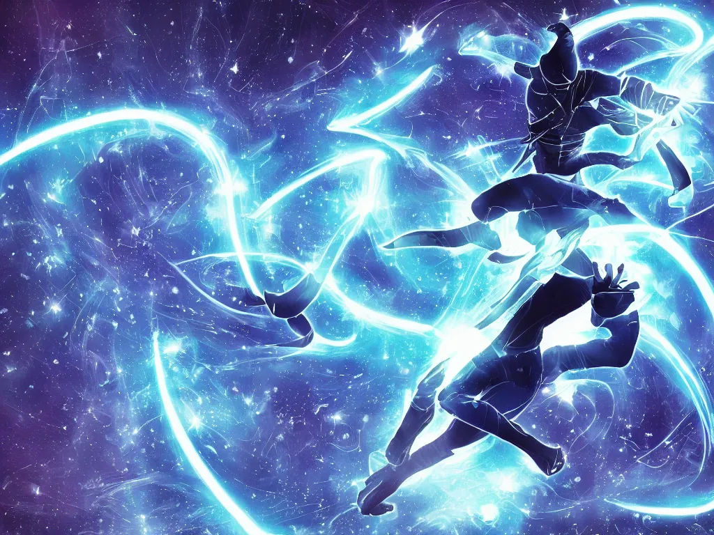 Image similar to A cosmic ninja running through a blue light of transformation