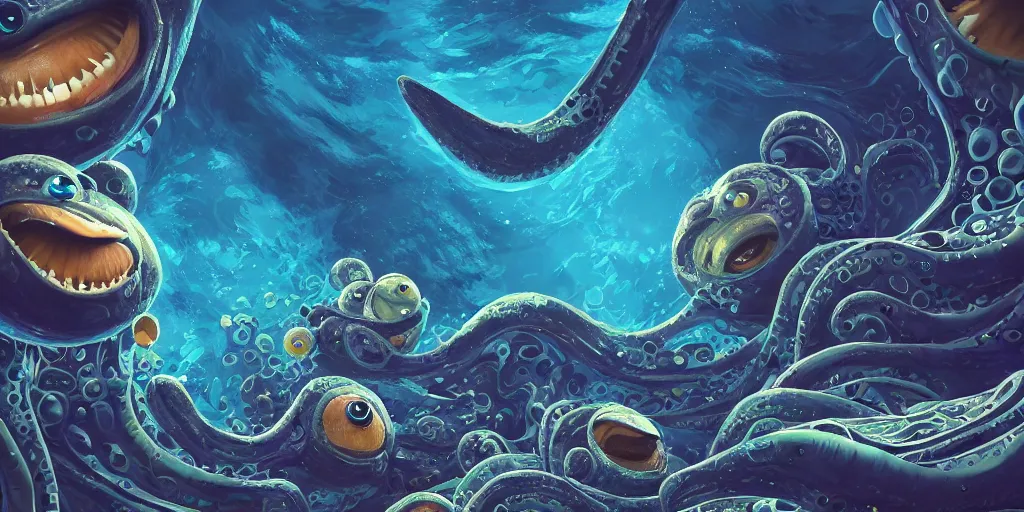 Image similar to of an intricate deep sea with strange cute friendly happy creatures with huge eyes, mouth, long tongue, round teeth and goofy face, appearing from the background, in the style of gehry and gaudi, macro lens, shallow depth of field, ultra detailed, digital painting, trending artstation, concept art, illustration, cinematic lighting, photorealism, epic, octane render