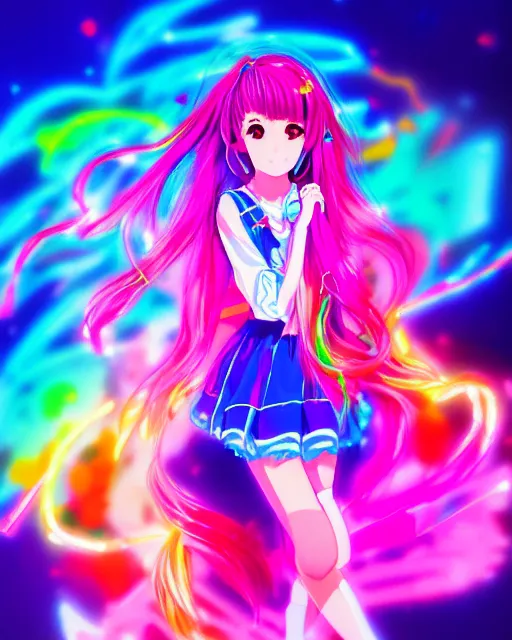 Image similar to anime style, vivid, expressive, full body, 4 k, painting, a cute magical girl idol with a long wavy colorful hair wearing a colorful dress, correct proportions, stunning, realistic light and shadow effects, neon lights, studio ghibly makoto shinkai yuji yamaguchi