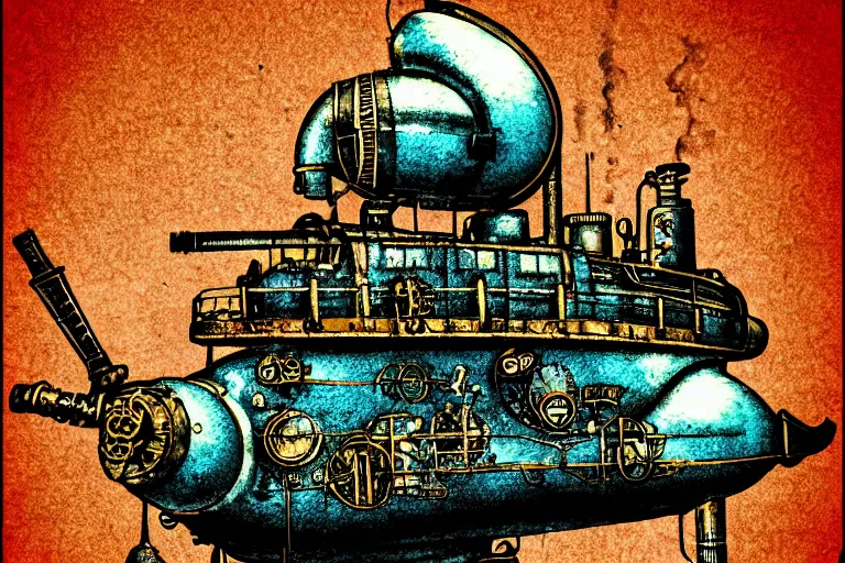 Image similar to steampunk submarine!, in the style of john avon and derek riggs and eva widermann, trending on artstation, halfrear lighting closeup view anaglyph filter, bokeh, anime, comic book art, jean henri gaston giraud