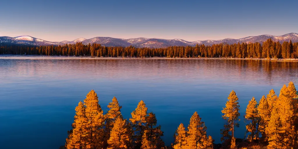 Prompt: serene view from the bank of Lake Tahoe in autumn with brightly colored trees, sunrise with slight fog over the water