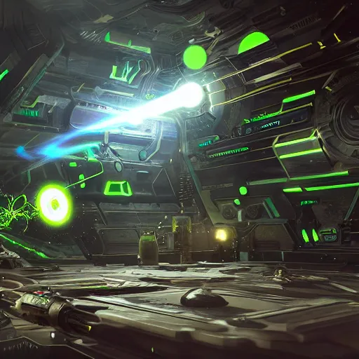 Prompt: clockwork spacestation shooting green lasers, unreal engine, fantasy art