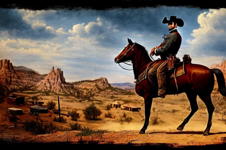 Prompt: an extremely detailed masterpiece photograph of a 1 8 9 0's gunslinger on his horse gun in hand while overlooking an old west town, epic scene, cinematic lighting, silverado production, 8 k