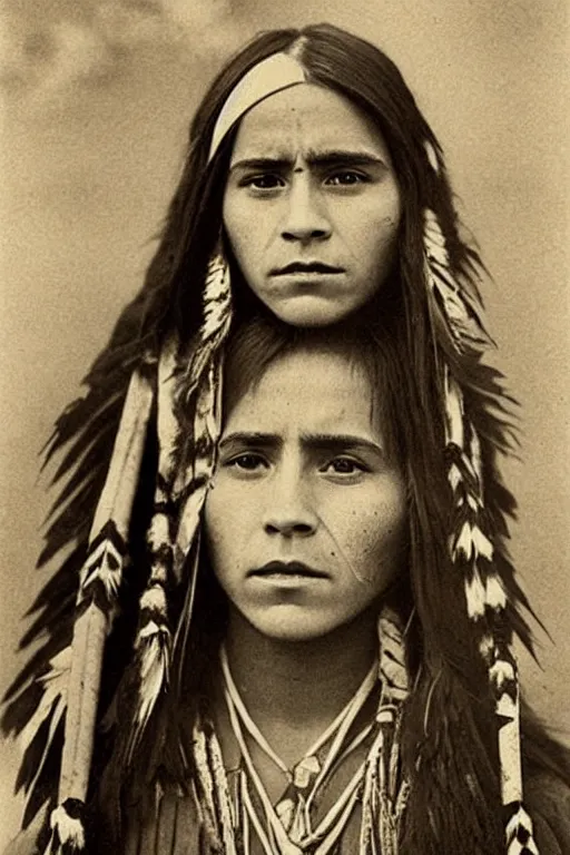 Image similar to “Photo of Native American indian woman Emma Watson, portrait, skilled warrior of the Chiricahua Apache, Lozen was the sister of Victorio a prominent Chief, showing pain and sadness on her face, ancient, realistic, detailed, emma watson”