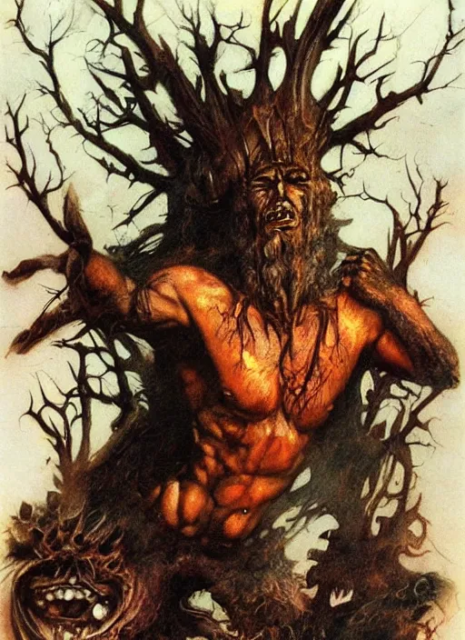 Prompt: portrait of grizzled male god of the damned, black iron crown, claw scars, strong line, deep color, forest, beautiful! coherent! by boris vallejo, by brian froud