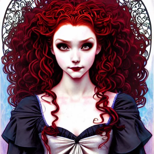 Image similar to a modern gothic lolita version of Princess Merida, face, fantasy, intricate, elegant, highly detailed, digital painting, artstation, concept art, smooth, sharp focus, illustration, art by Gerald Brom and Jasmine Becket-Griffith and Fernanda Suarez and alphonse mucha