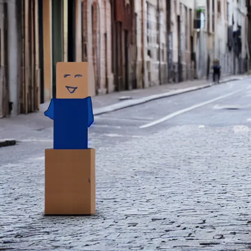 Prompt: cardboard box head guy walking in an empty street